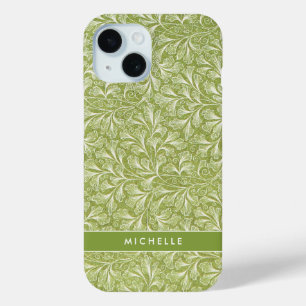 Coque Pour iPhone 15 Élégant nom personnalisé Green Botanical