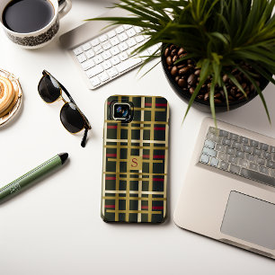 Coque iPhone 15 Mini Élégant Olive Green et Gold Classic Plaid