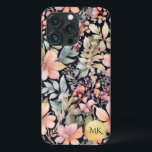 Case-Mate iPhone Case Élégant or noir rose floral Aquarelle Monogramme<br><div class="desc">Élevez le style de votre téléphone avec notre étui de téléphone Elégant couleur or noir rose floral monogramme. Ce design exquis présente des fleurs sauvages délicats, des baies et des fougères dans des tons pastel apaisants de beige, rose pêche, rouge et vert turquoise sur un arrière - plan noir/noir. C'est...</div>