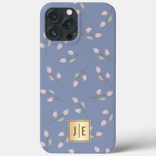 Coques Case-Mate iPhone Élégant Pastel Blue Floral brillant or Monogramme (Verso)