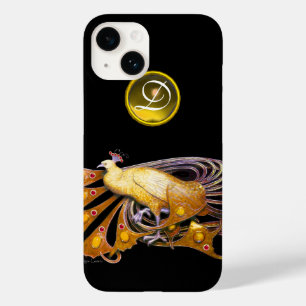 Coques Pour iPhone ÉLÉGANT PEACOCK EN JAUNE, MONOGRAMME TOPAZ, noir