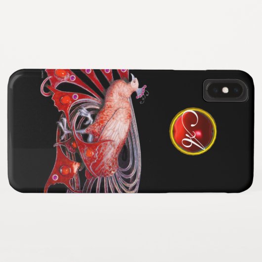 COQUES Case-Mate iPhone ÉLÉGANT PEACOCK EN ROUGE, MONOGRAMME DE RUBY (Dos (Horizontal))