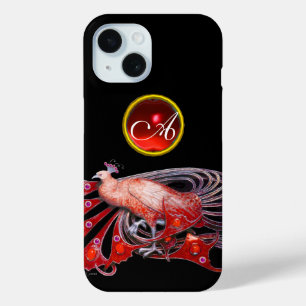 COQUE POUR iPhone 15 ÉLÉGANT PEACOCK EN ROUGE, MONOGRAMME DE RUBY