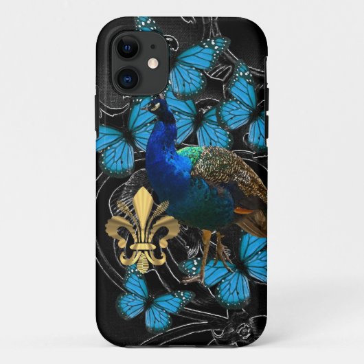 Coques Case-Mate iPhone Elégant Peacock et papillons bleus sur noir (Dos)