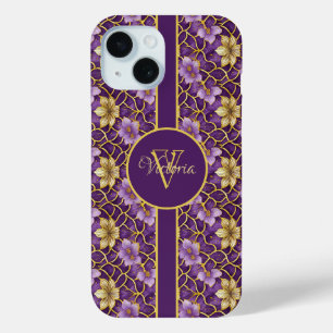 Coque Pour iPhone 15 Elégant Personnalisé Purple & Or Japonais