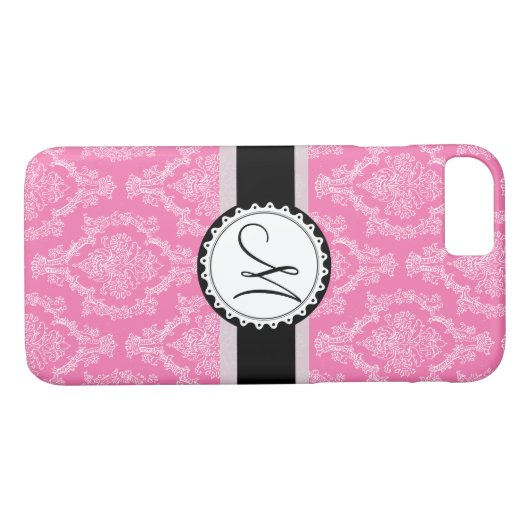 Coques Case-Mate iPhone Élégant PINK et blanc Damask Mogramme (Dos (Horizontal))