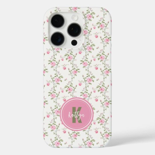 Coques Case-Mate iPhone Elegant Pink Roses Flowers Pattern Monogram (Verso)