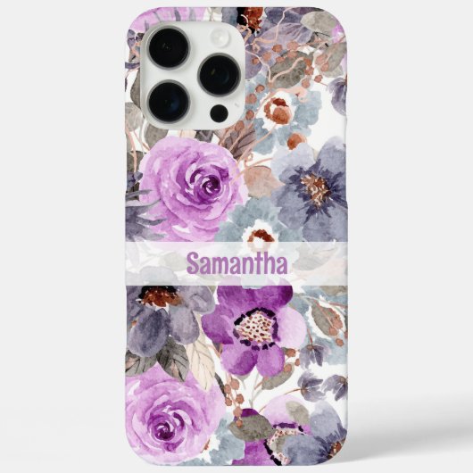 Coques Case-Mate iPhone Élégant Purple Floral Nom personnalisé (Verso)