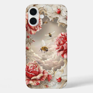 Coques iPhone 16 Plus Élégant Rose 3D, abeilles et beauté botanique