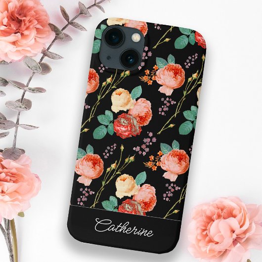 Coques Case-Mate iPhone Élégant rose chic roses Floral sur noir