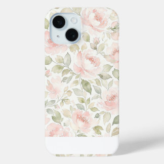 Coque Pour iPhone 15 Élégant rose poudré et floral vert sauge Nom perso