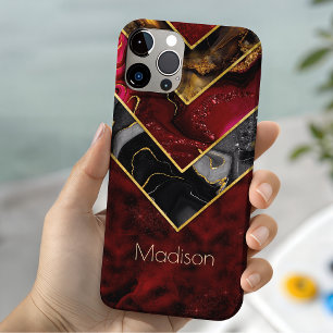 Coque Pour iPhone 15 Élégant rouge noir or girly géométrique