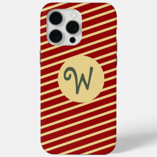 Coque iPhone 15 Pro Max Élégant Rouge or rayures motif monogramme personna