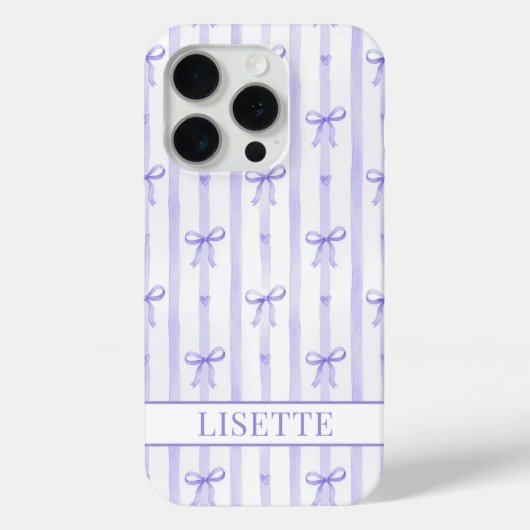 Coques Case-Mate iPhone Élégant Ruban Coquette Rayé Violet Monogrammé (Verso)