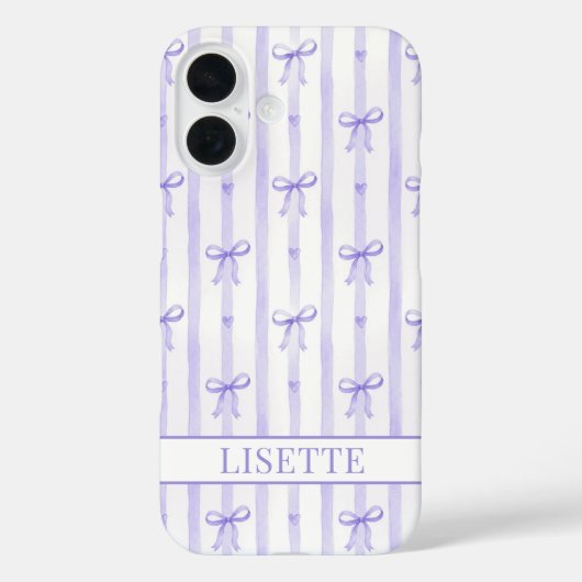 Coques Case-Mate iPhone Élégant Ruban Coquette Rayé Violet Monogrammé (Verso)