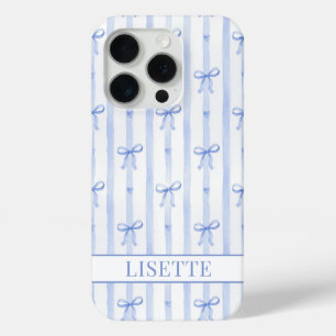 Coque iPhone 15 Pro Élégant Rubans Coquette Rayés Monogrammés Bleus