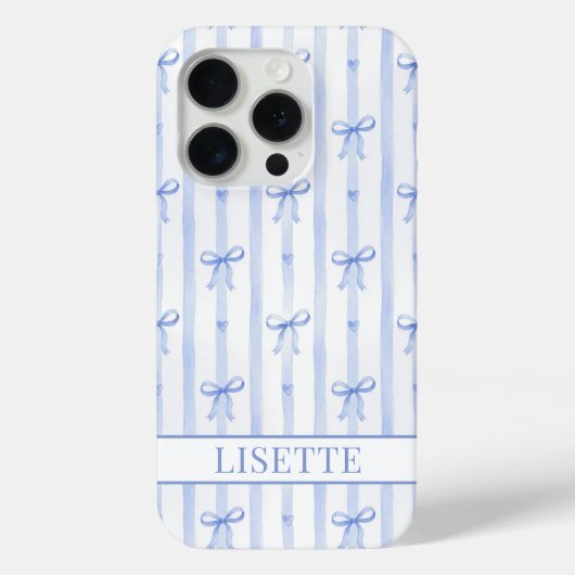 Coques Case-Mate iPhone Élégant Rubans Coquette Rayés Monogrammés Bleus (Verso)