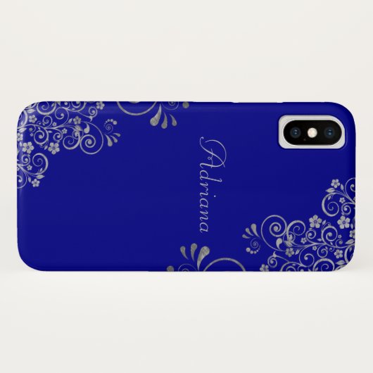Coques Case-Mate iPhone Élégant script personnalisé de l'Argent bleu (Dos (Horizontal))