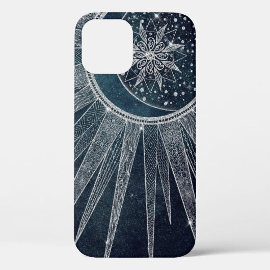 Coques Case-Mate iPhone Elégant Silver Sun Moon Doodle Mandala Blue Design (Verso)