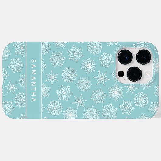 Coques Case-Mate iPhone Élégant Snowflakes Noël Turquoise bleu Monogramme (Verso (horizontal))