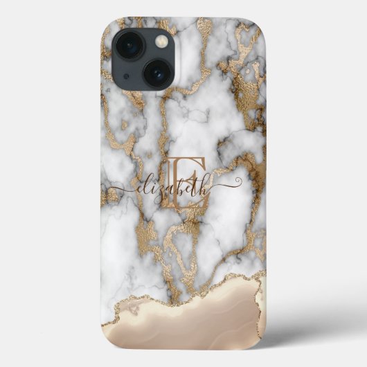 Coques Case-Mate iPhone Élégant style doré pailleté crème marbre monogramm (Verso)