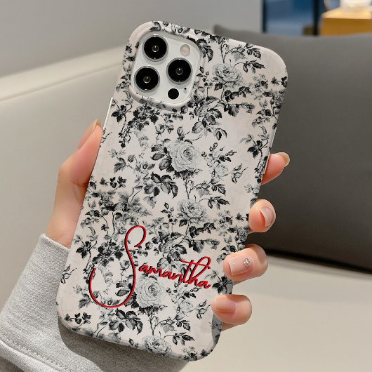 Coques Case-Mate iPhone Élégant toile noir blanc monogramme rouge