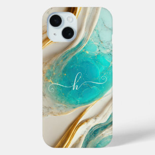 Coque Pour iPhone 15 Élégant Topaz Blue Gold Veins Marbre Monogramme