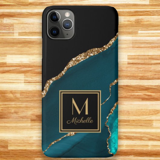 Coques Case-Mate iPhone Élégant Turquoise Noir Monogramme Or Nom initial