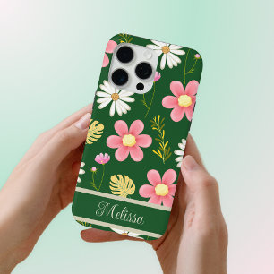 Coque iPhone 15 Pro Max Élégant vert moderne rose floral