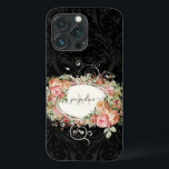 Case-Mate iPhone Case Élégant Vintage Floral rose noir Monogramme<br><div class="desc">"Elégant Vintage floral rose noir Script Monogram iPhone 13 Coque."   Elégant bouquet floral vintage encadre votre nom et monogramme sur un ton noir ton sur ton damassé modèle arrière - plan.  Créée par Audrey Jeanne Roberts,  artiste titulaire d'une licence internationale,  copyright.</div>