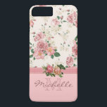 Coques Pour iPhone Élégant Vintage rose Floral Rose Nom<br><div class="desc">Cette coque est ornée d'un élégant motif rose rose fleuri vintage sur le dessus, d'un ruban mauve, de deux beaux roses placés sur le ruban et d'un fond de couleur rose. Vous pouvez y customiser le monogramme et le nom. Éliminez un élément pour seulement avoir un monogramme ou juste un...</div>