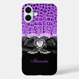 Coques iPhone 16 Plus Elégant Violet Noir Animal Nœud Cœur Dentelle 2