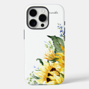 Coques iPhone 16 Pro Elégante aquarelle tournesol floral personnalisé