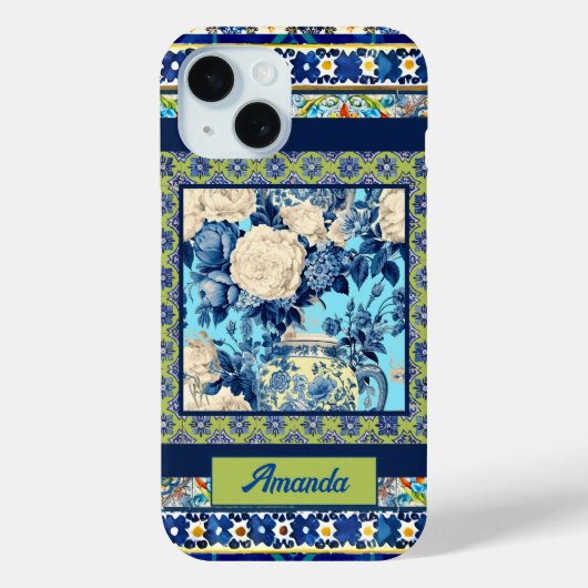 Coques Case-Mate iPhone Élégante chinoiserie de tuile bleu floral monogram (Verso)