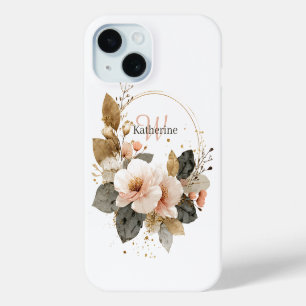 Coque Pour iPhone 15 Élégante couronne de fleurs rose et or, Nom person
