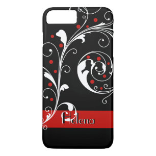 Coque iPhone 7 Plus Élégante feuille de défilement floral noir, rouge