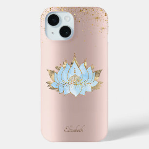Coque Pour iPhone 15 Élégante Fleur de Lotus Bleue Classeuse en Or Rose