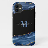 Coques Case-Mate iPhone Élégante Géode d'âge Monogram Blue, Black & Gold (Dos)
