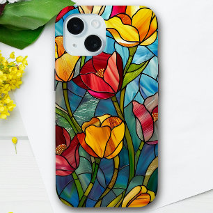 Coque Pour iPhone 15 Élégante laque rouge et tulipes jaunes
