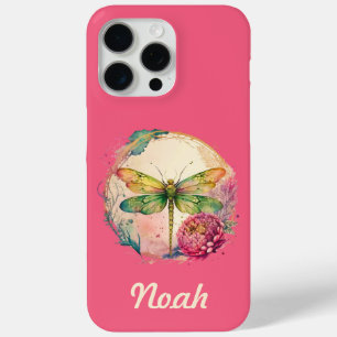 Coque iPhone 15 Pro Max Élégante libellule florale avec nom personnalisé