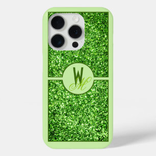 Coque iPhone 15 Pro Élégante Parties scintillant verte Monogramme