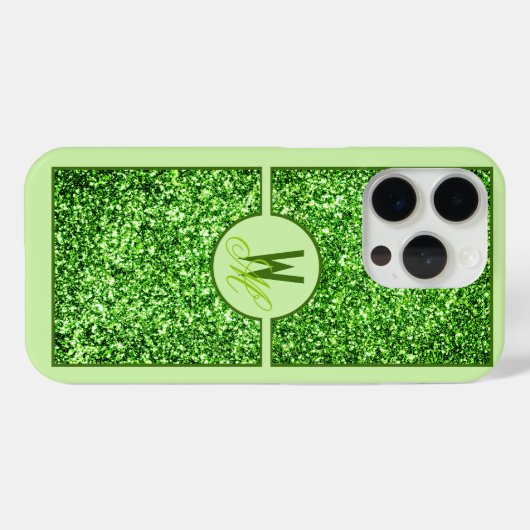 Coques Case-Mate iPhone Élégante Parties scintillant verte Monogramme (Verso (horizontal))