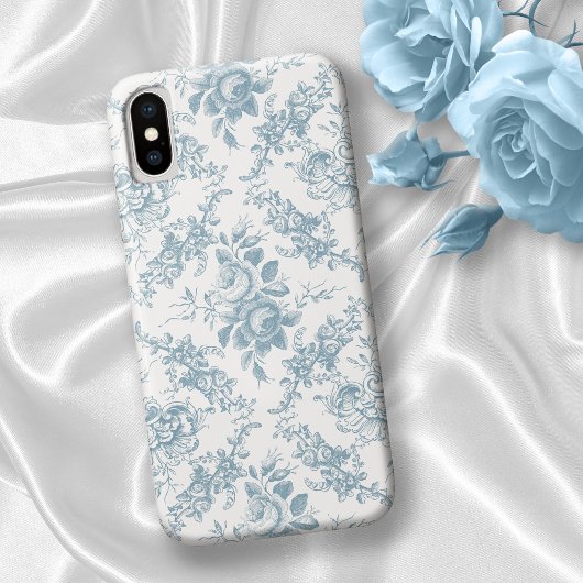 Coques Case-Mate iPhone Elégante toile florale blanche et bleue gravée