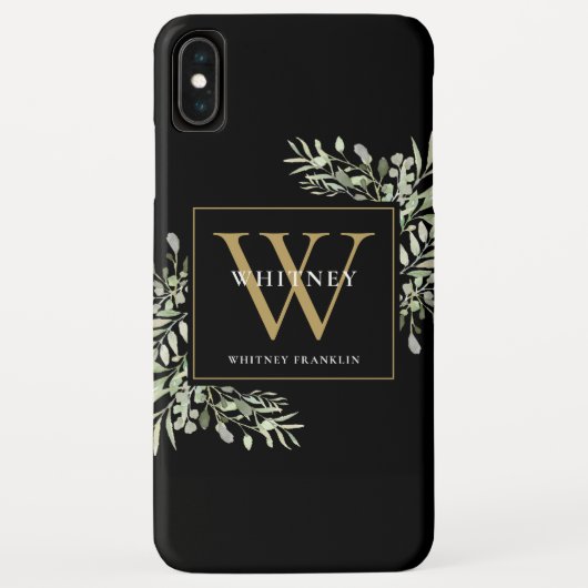 Coques Case-Mate iPhone Élégante verdure de monogramme noir moderne en or (Dos)