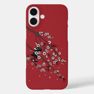 Coques iPhone 16 Plus Élégantes fleurs de prune et chats noirs
