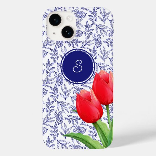 Coques Case-Mate iPhone Élégantes Tulipes Rouges Printemps Floral Blue Mon (Verso)