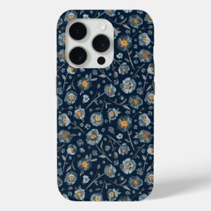 Coque iPhone 15 Pro Élégants Pépites Floral Motif Bleu
