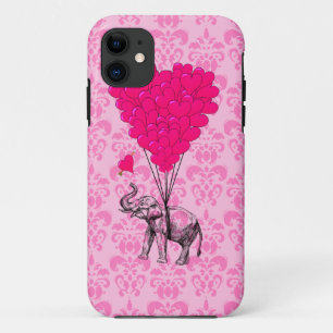 Coques Pour iPhone Elephant tenant coeur sur damas rose