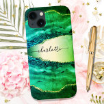 Coque Pour iPhone 14 Emerald green agate marble name script<br><div class="desc">Emerald green agate,  marble stone print as background Personalize and add your name. The name is written with a modern hand lettered style script.</div>