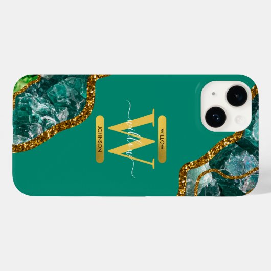 Coques Case-Mate iPhone Emerald Green & Gold Agate Géode Monogramme (Verso (horizontal))